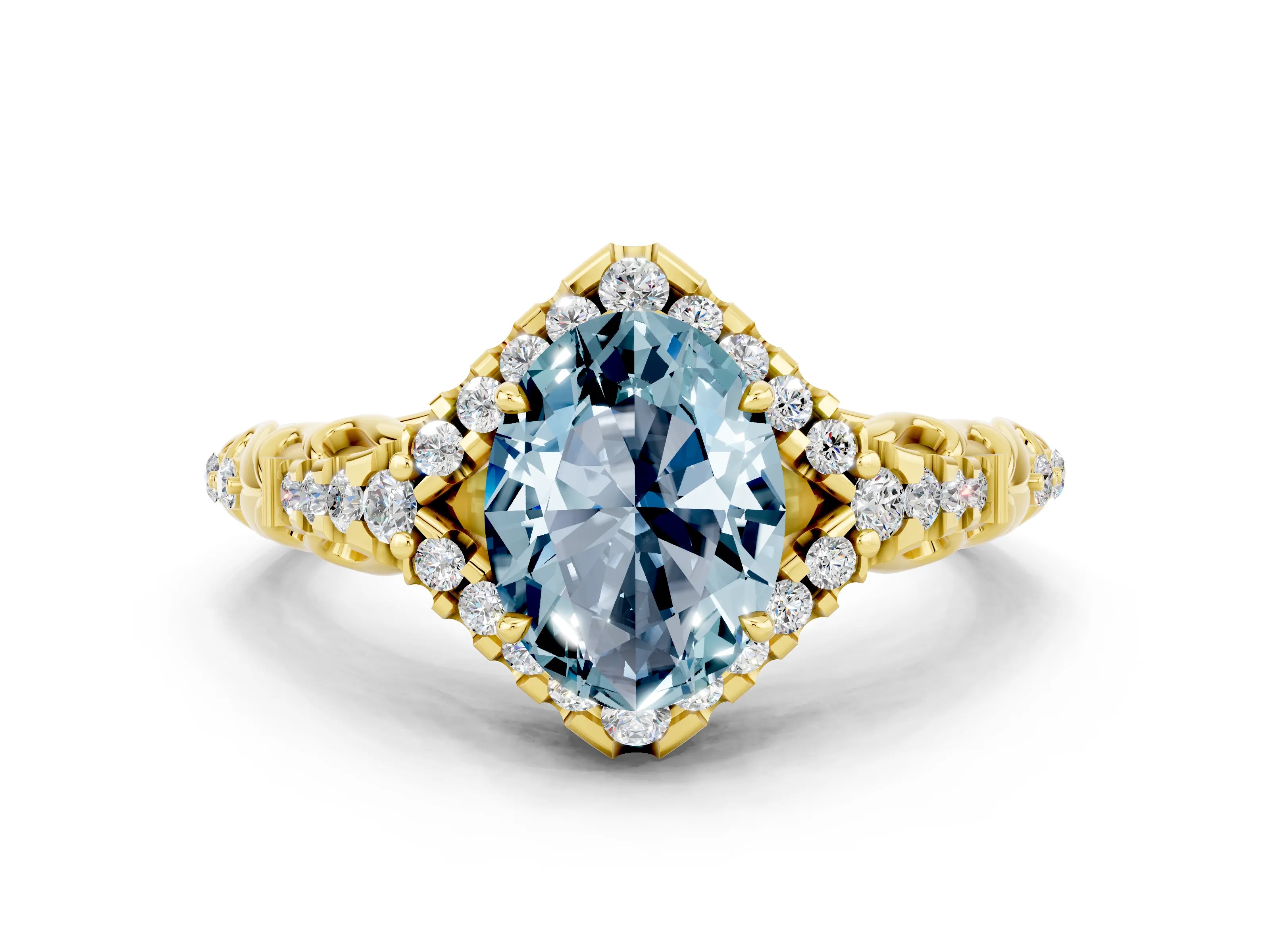 Yellow gold Oval Cut Aquamarine Solitaire Ring with Hidden Halo and Pavé Band_12