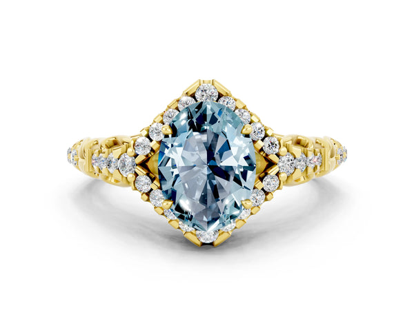 Yellow gold Oval Cut Aquamarine Solitaire Ring with Hidden Halo and Pavé Band