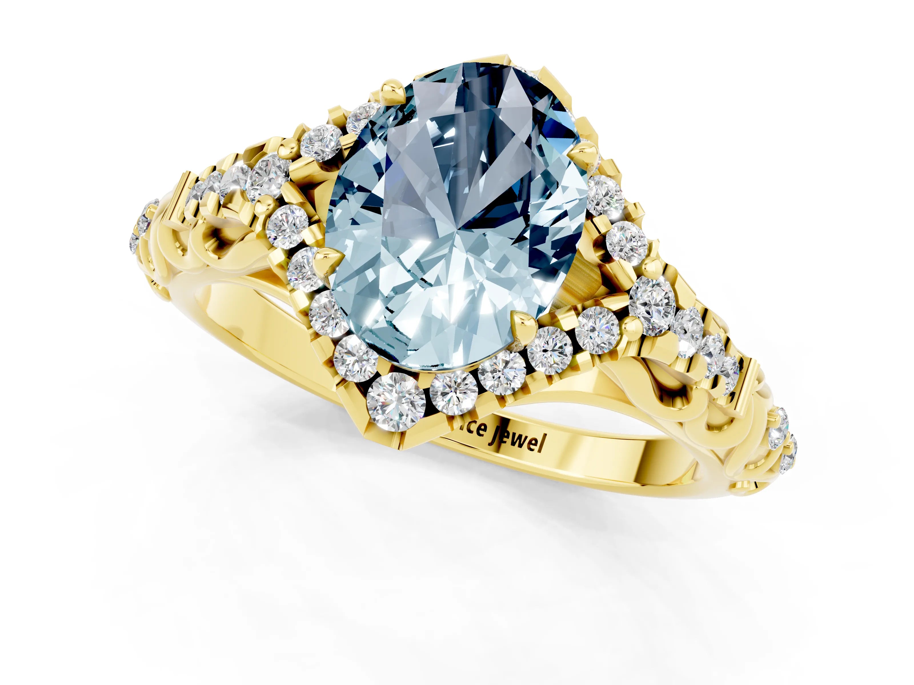 Yellow gold Oval Cut Aquamarine Solitaire Ring with Hidden Halo and Pavé Band_13