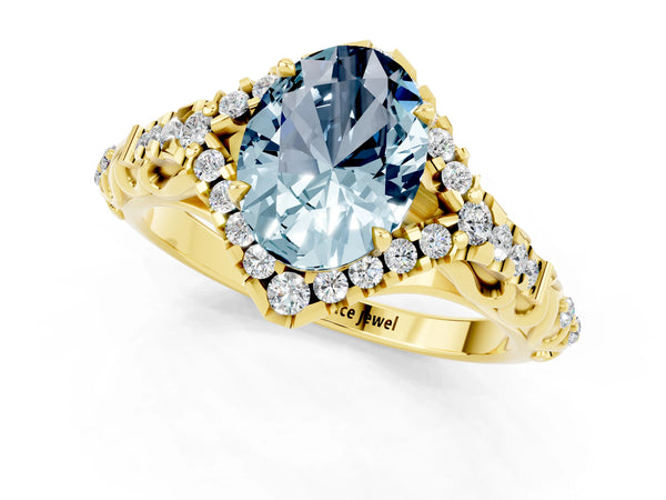 Yellow gold Oval Cut Aquamarine Solitaire Ring with Hidden Halo and Pavé Band