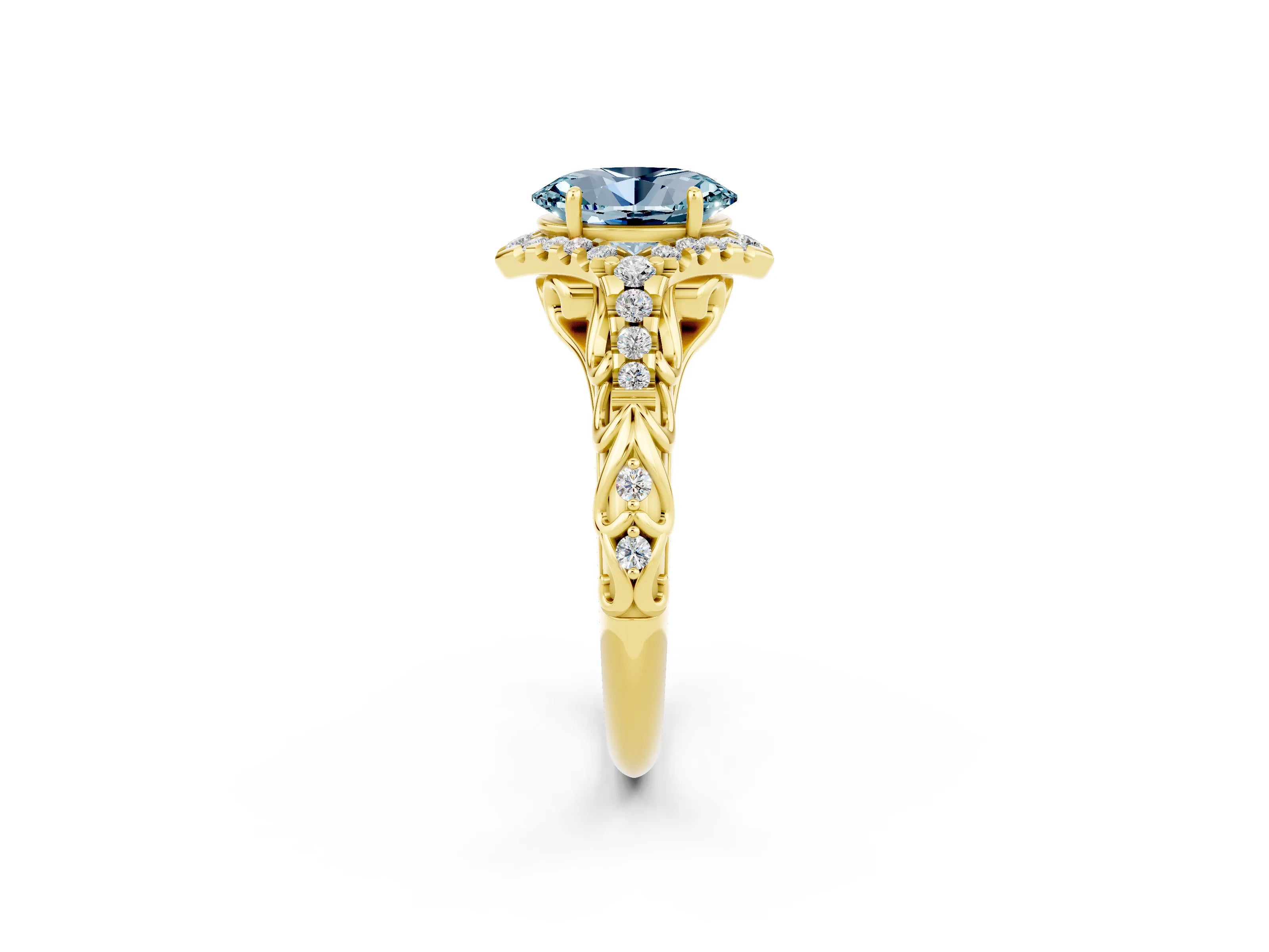 Yellow gold Oval Cut Aquamarine Solitaire Ring with Hidden Halo and Pavé Band_14