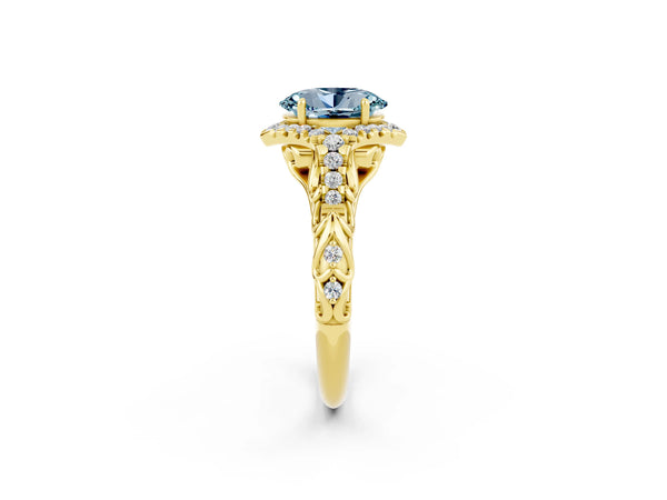 Yellow gold Oval Cut Aquamarine Solitaire Ring with Hidden Halo and Pavé Band