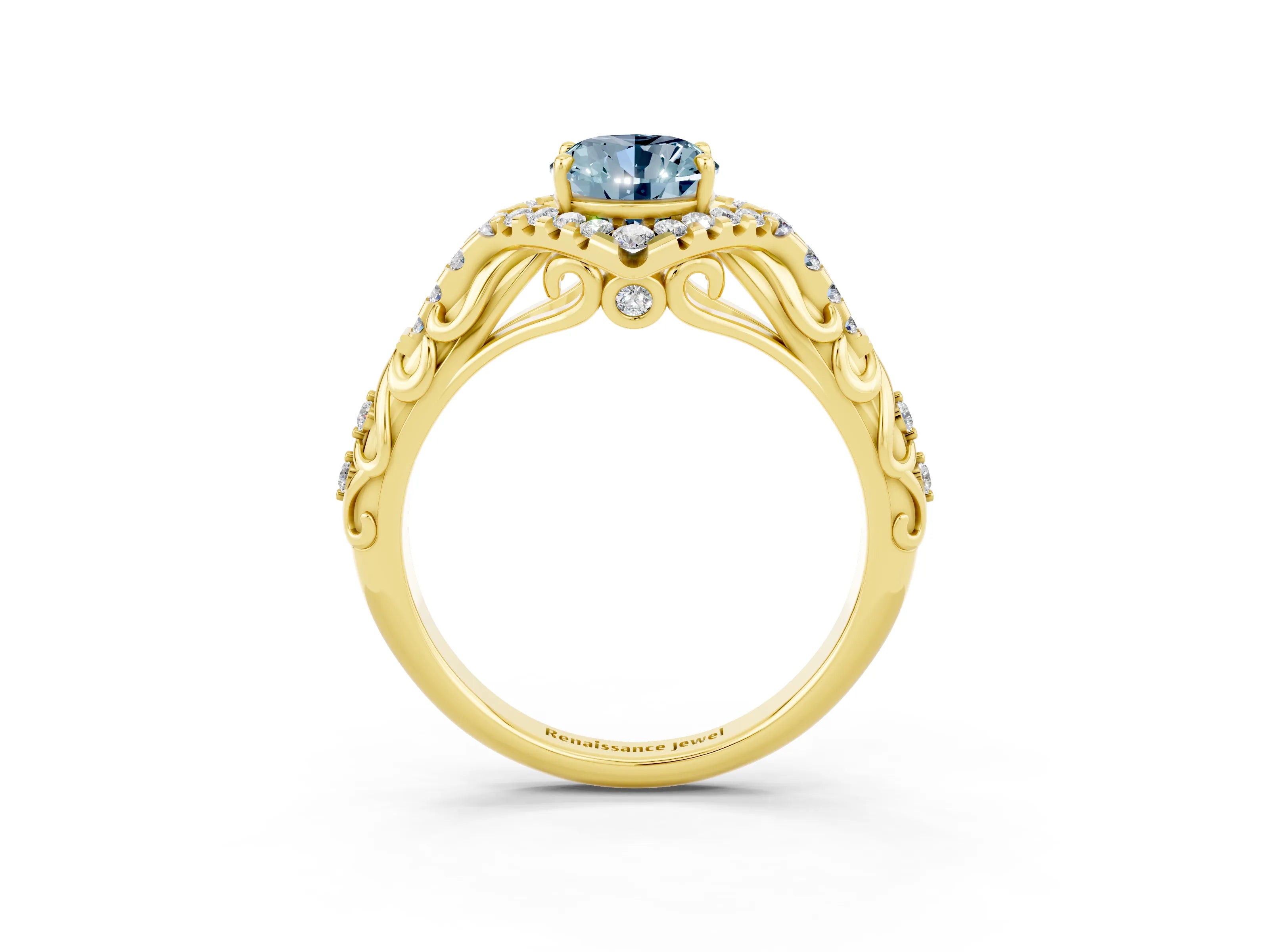 Yellow gold Oval Cut Aquamarine Solitaire Ring with Hidden Halo and Pavé Band_15