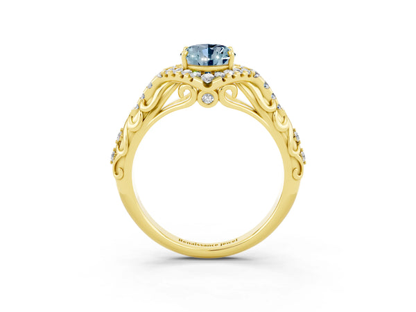 Yellow gold Oval Cut Aquamarine Solitaire Ring with Hidden Halo and Pavé Band