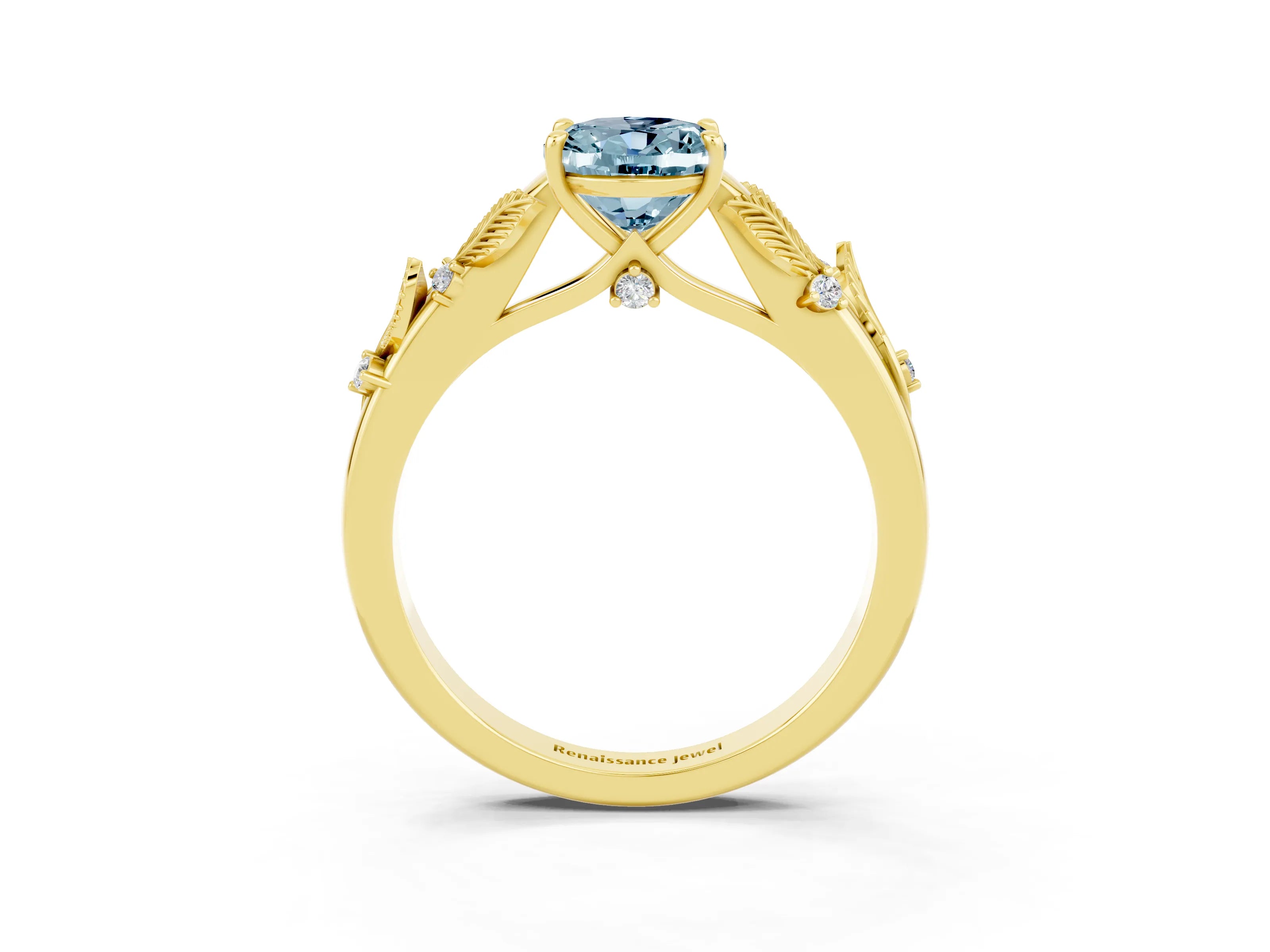 Yellow gold Oval Cut Aquamarine Solitaire Ring with Leaf Motif Band and Four-Prong Setting_3