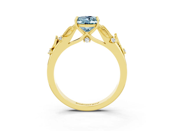 Yellow gold Oval Cut Aquamarine Solitaire Ring with Leaf Motif Band and Four-Prong Setting