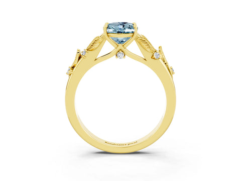 Yellow gold Oval Cut Aquamarine Solitaire Ring with Leaf Motif Band and Four-Prong Setting_3