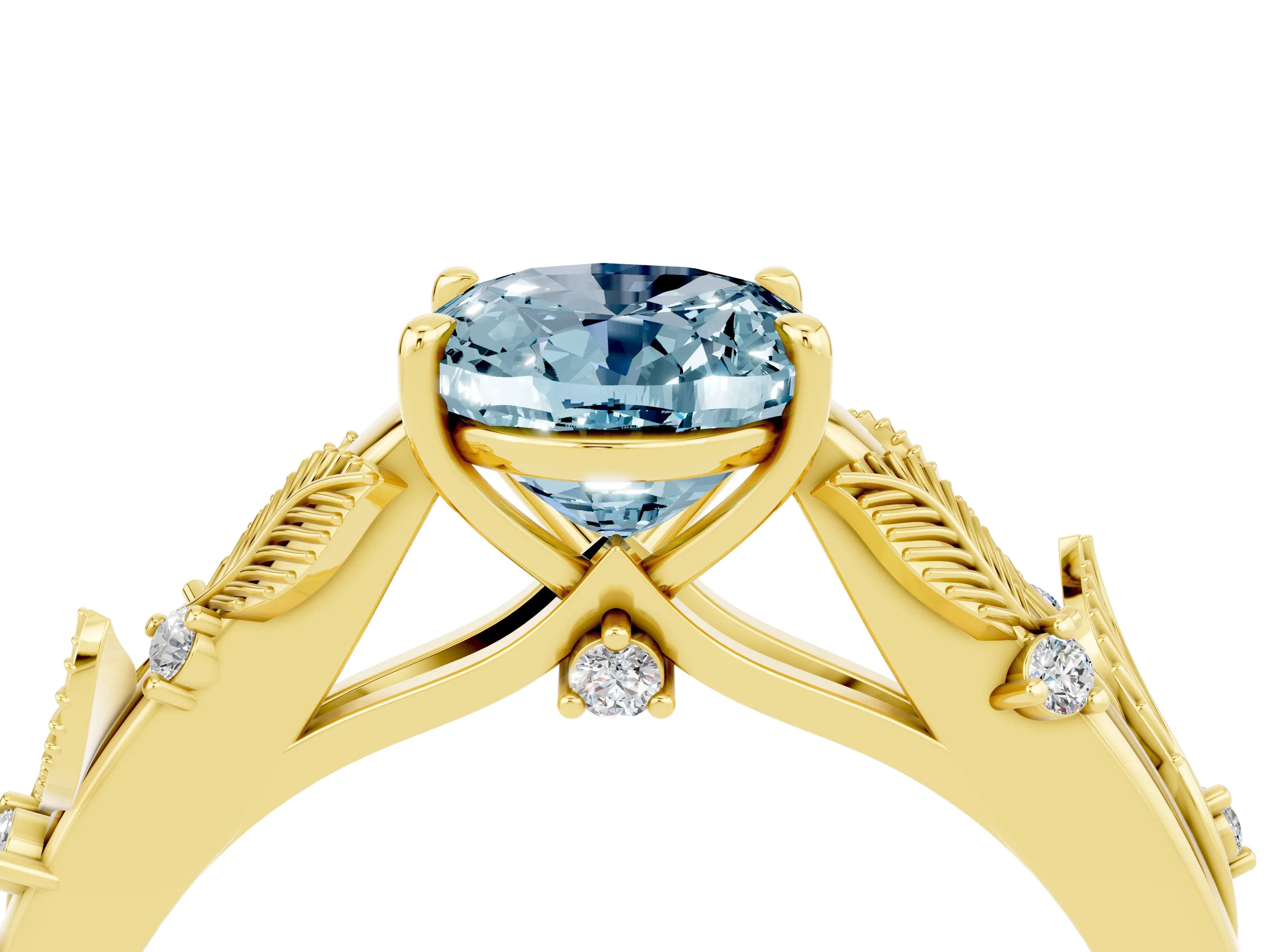 Yellow gold Oval Cut Aquamarine Solitaire Ring with Leaf Motif Band and Four-Prong Setting_4
