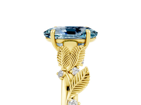 Yellow gold Oval Cut Aquamarine Solitaire Ring with Leaf Motif Band and Four-Prong Setting_5