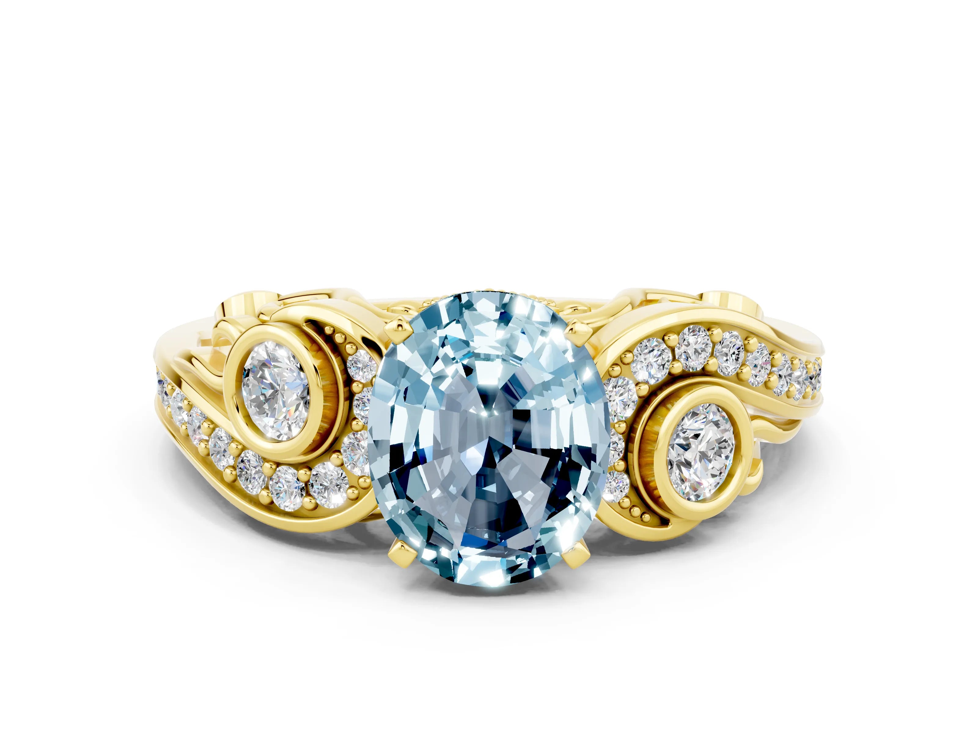 Yellow gold Oval Cut Aquamarine Solitaire Ring with Milgrain Pavé Band and Four-Prong Setting_24