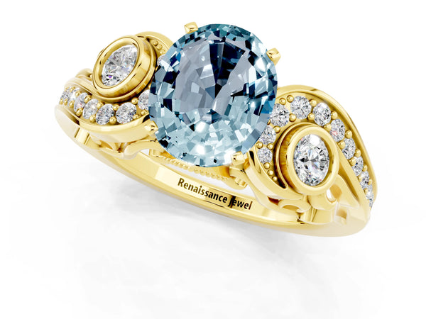 Yellow gold Oval Cut Aquamarine Solitaire Ring with Milgrain Pavé Band and Four-Prong Setting