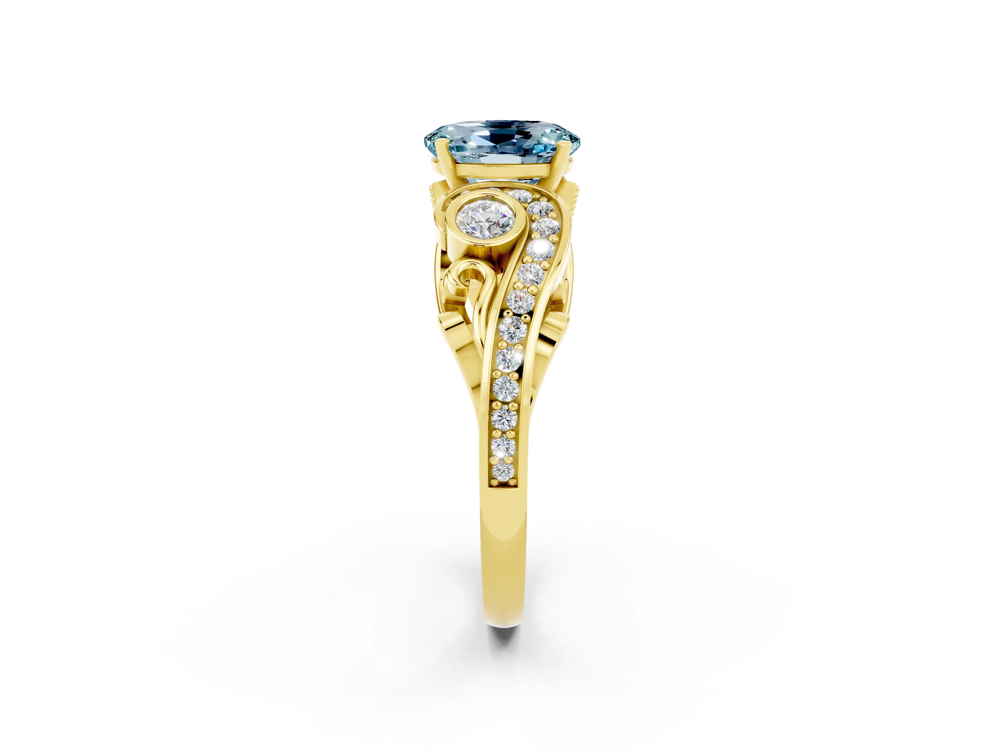 Yellow gold Oval Cut Aquamarine Solitaire Ring with Milgrain Pavé Band and Four-Prong Setting_26