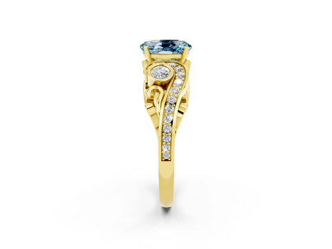 Yellow gold Oval Cut Aquamarine Solitaire Ring with Milgrain Pavé Band and Four-Prong Setting_26