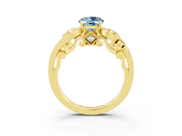 Yellow gold Oval Cut Aquamarine Solitaire Ring with Milgrain Pavé Band and Four-Prong Setting