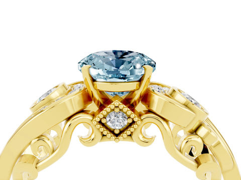 Yellow gold Oval Cut Aquamarine Solitaire Ring with Milgrain Pavé Band and Four-Prong Setting_28