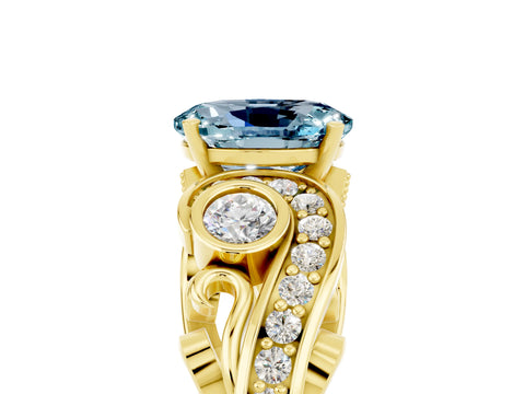Yellow gold Oval Cut Aquamarine Solitaire Ring with Milgrain Pavé Band and Four-Prong Setting_29