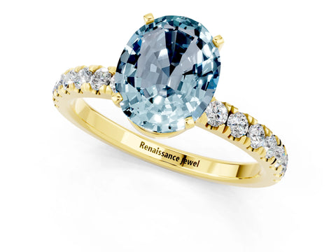 Yellow gold Oval Cut Aquamarine Solitaire Ring with Pavé Accents and Four-Prong Setting_1