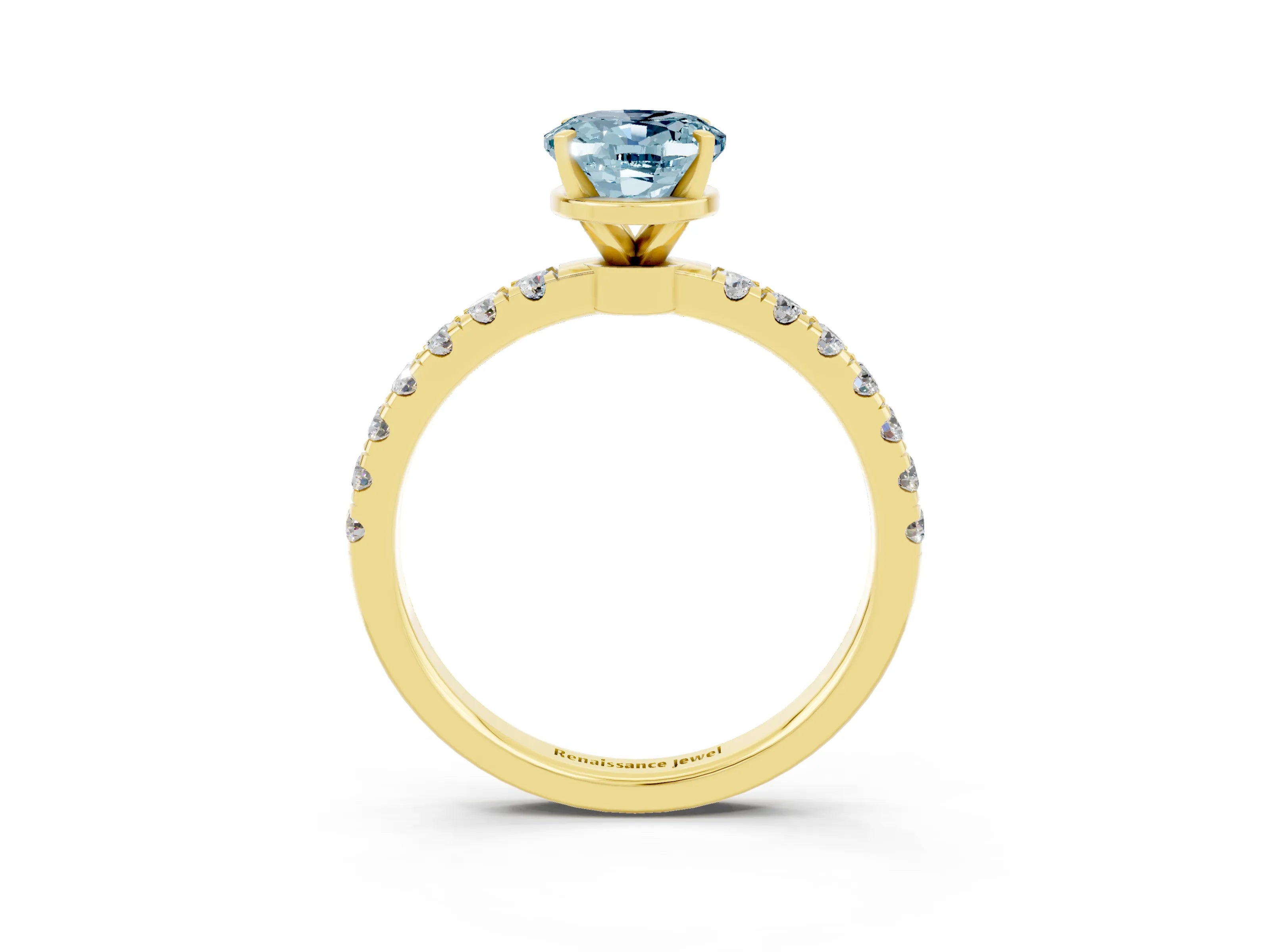 Yellow gold Oval Cut Aquamarine Solitaire Ring with Pavé Accents and Four-Prong Setting_3