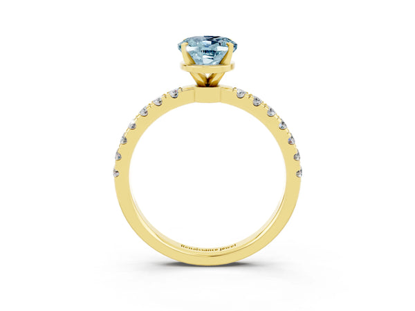 Yellow gold Oval Cut Aquamarine Solitaire Ring with Pavé Accents and Four-Prong Setting