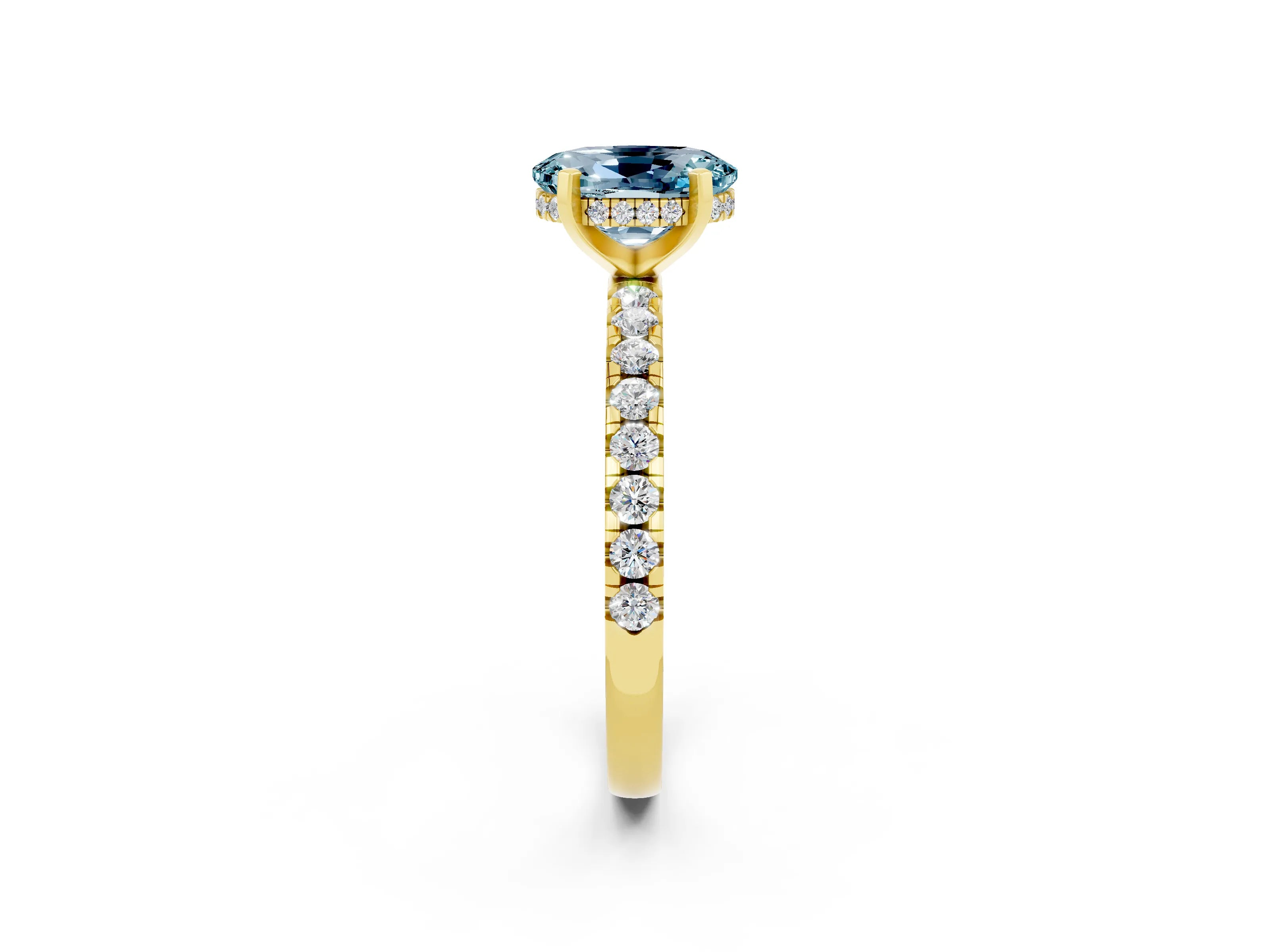 Yellow gold Oval Cut Aquamarine Solitaire Ring with Pavé Band and Four-Prong Setting_26