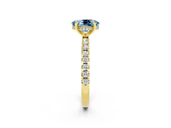 Yellow gold Oval Cut Aquamarine Solitaire Ring with Round  Pavé Band and Four-Prong Setting