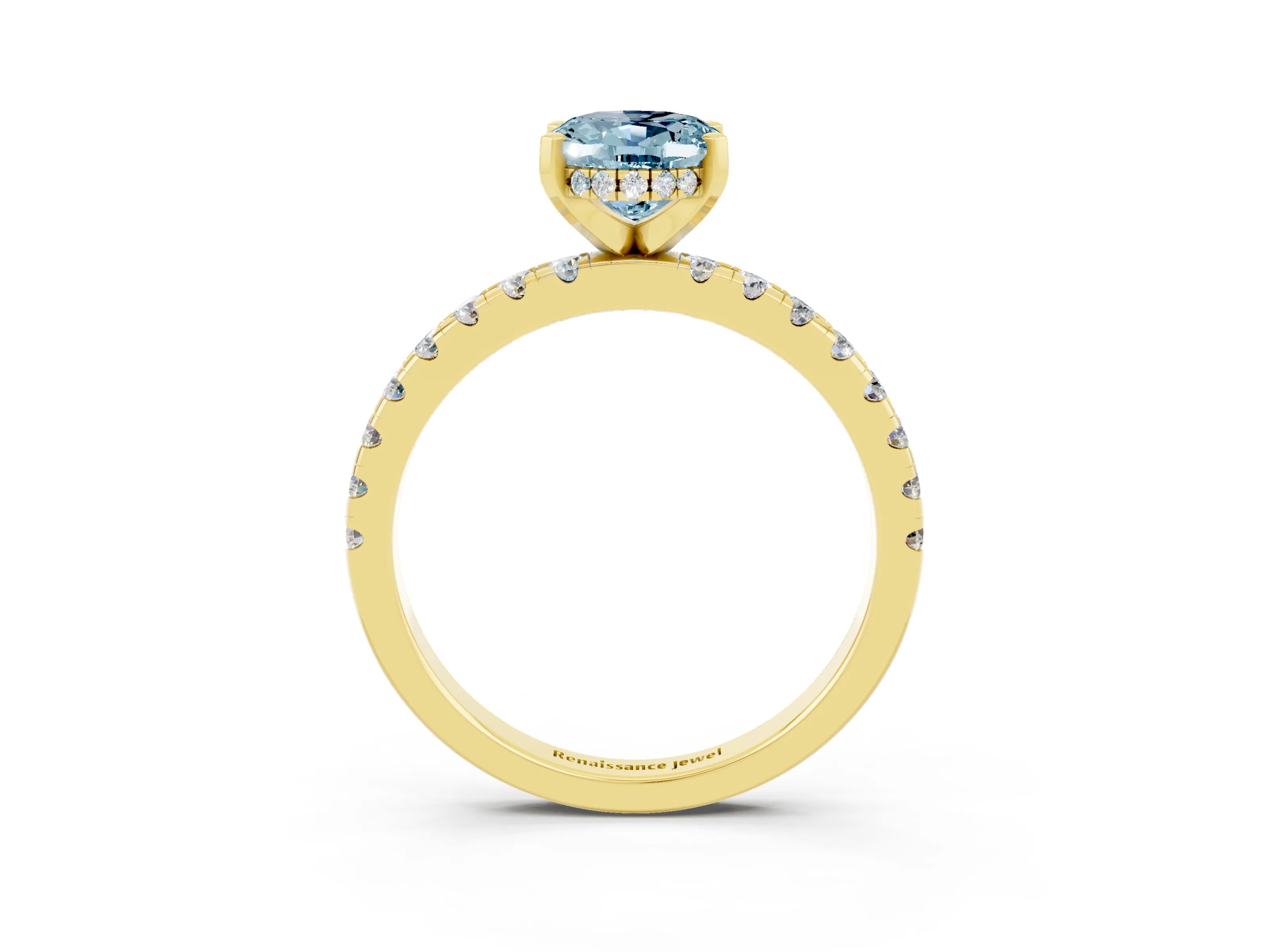 Yellow gold Oval Cut Aquamarine Solitaire Ring with Pavé Band and Four-Prong Setting_27