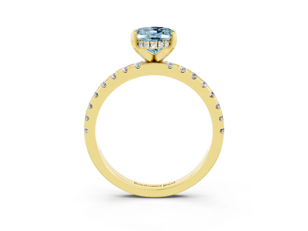 Yellow gold Oval Cut Aquamarine Solitaire Ring with Round  Pavé Band and Four-Prong Setting