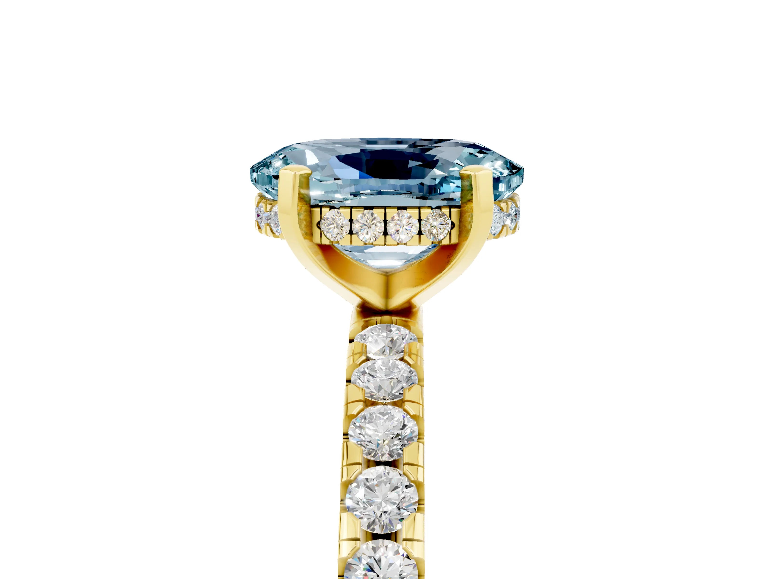 Yellow gold Oval Cut Aquamarine Solitaire Ring with Pavé Band and Four-Prong Setting_29