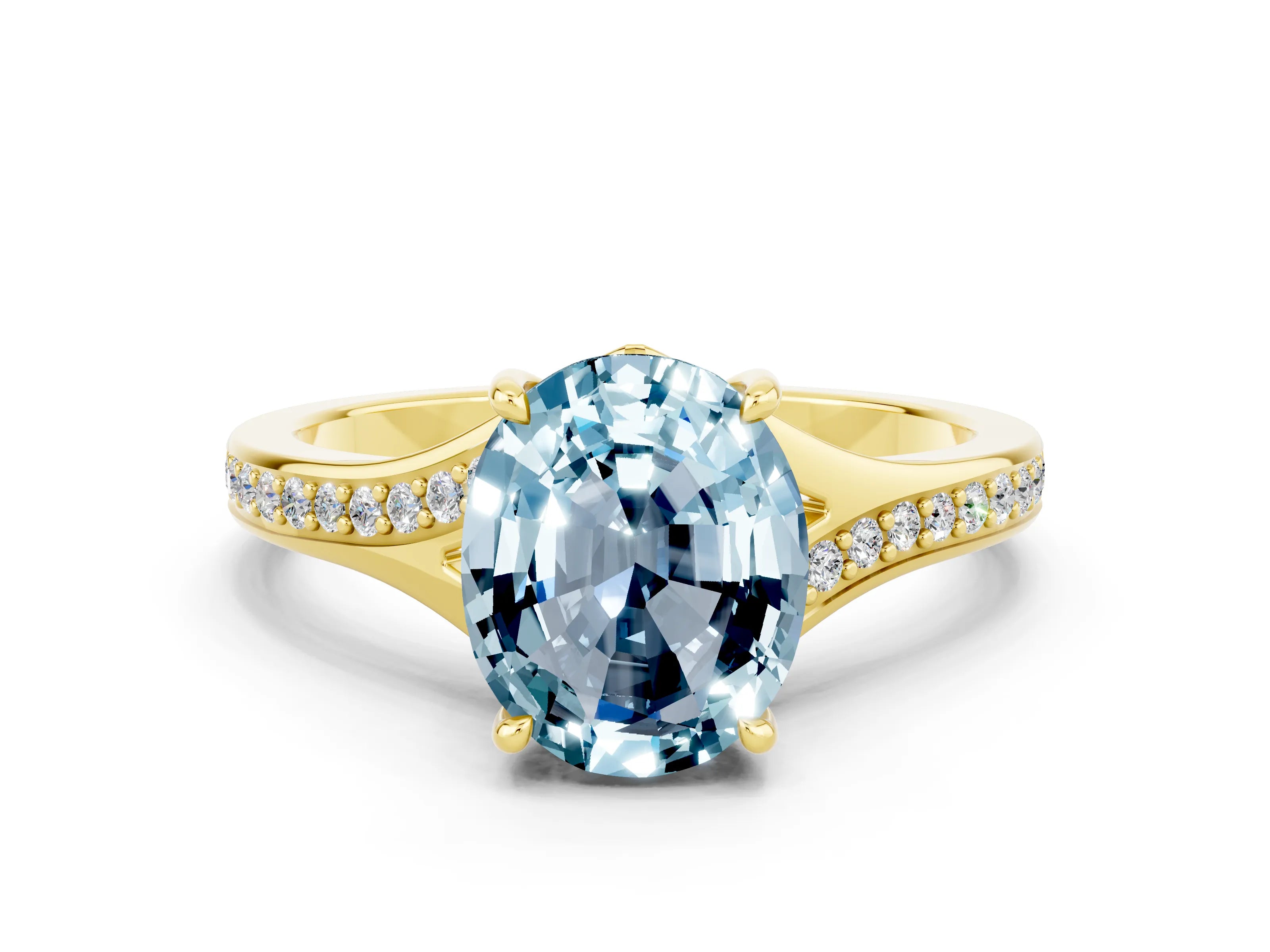 Yellow gold Oval Cut Aquamarine Solitaire Ring with Pavé Band and Prong Setting