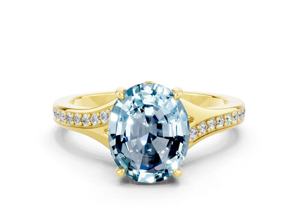 Yellow gold Oval Cut Aquamarine Solitaire Ring with Pavé Band and Prong Setting