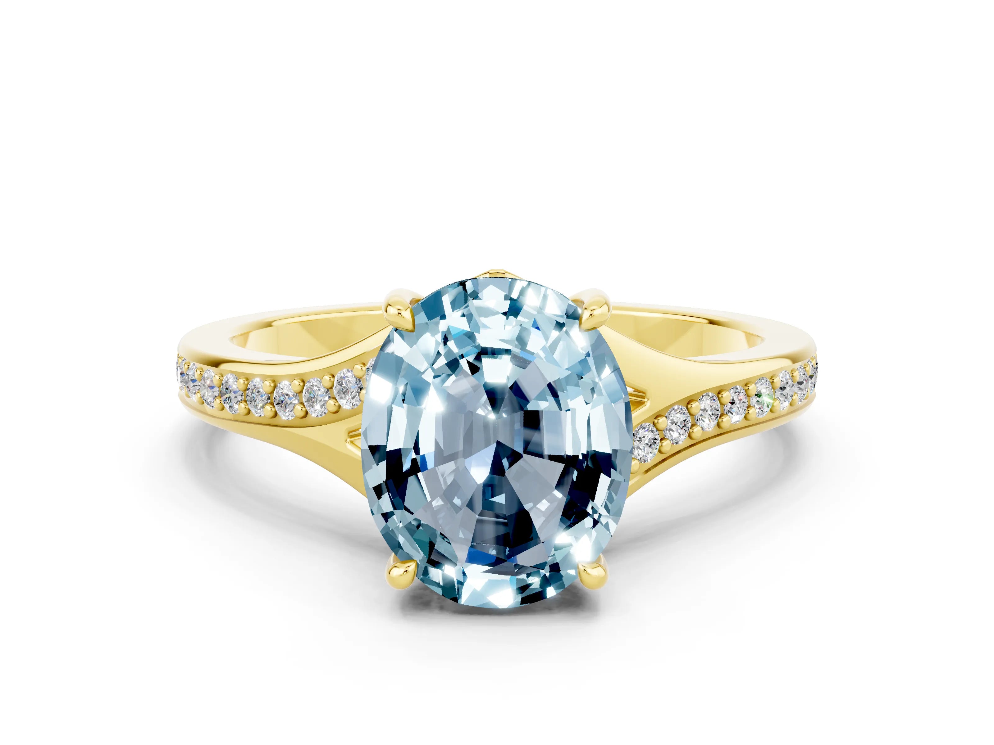 Yellow gold Oval Cut Aquamarine Solitaire Ring with Pavé Band and Prong Setting_12