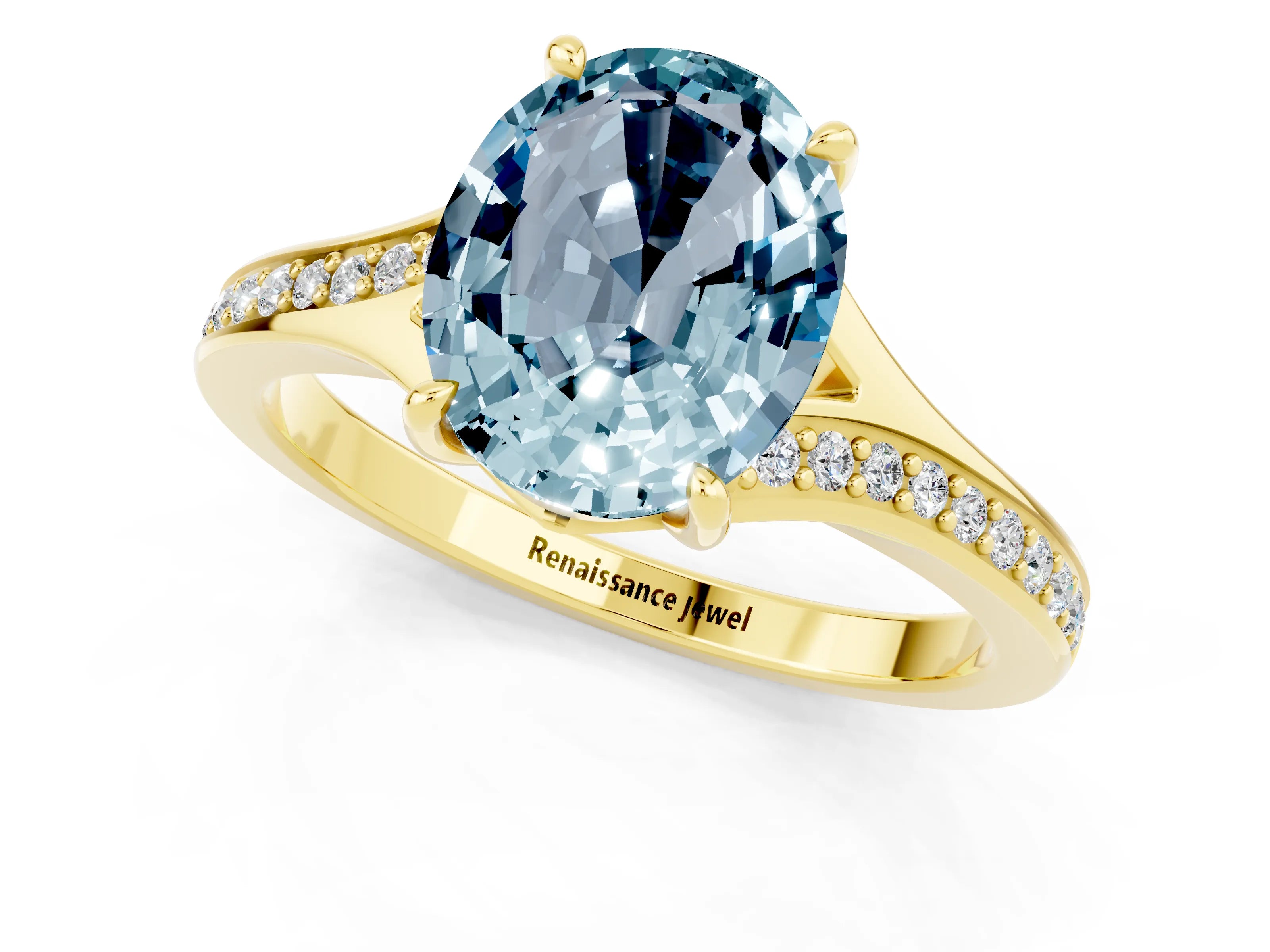 Yellow gold Oval Cut Aquamarine Solitaire Ring with Pavé Band and Prong Setting_13