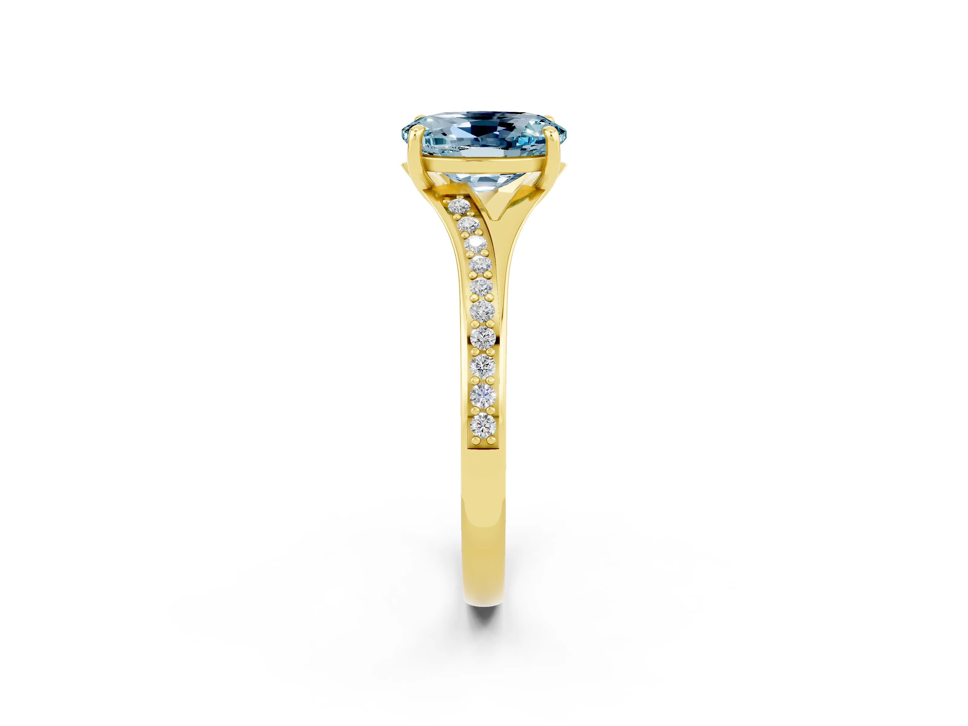 Yellow gold Oval Cut Aquamarine Solitaire Ring with Pavé Band and Prong Setting_14