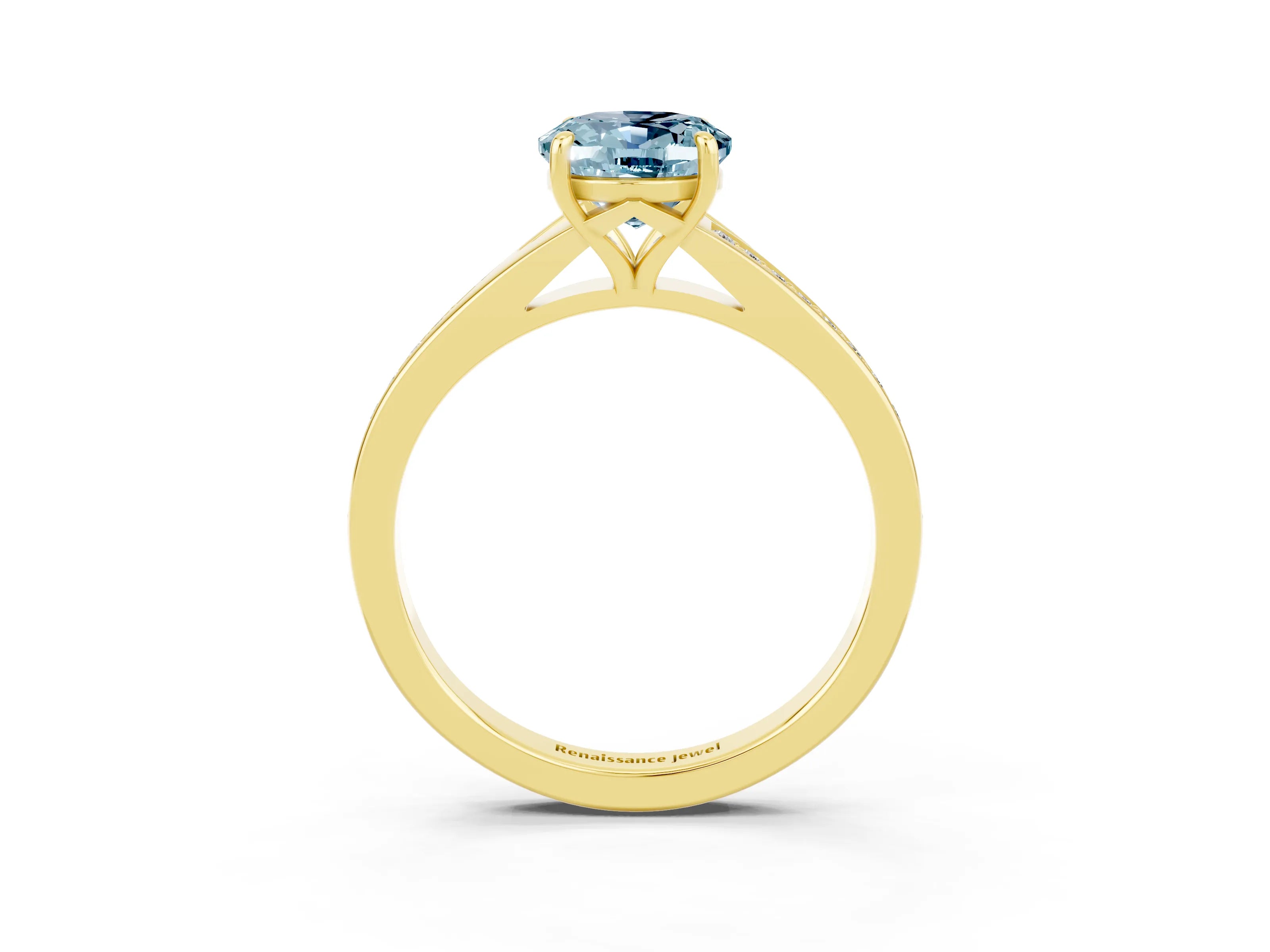 Yellow gold Oval Cut Aquamarine Solitaire Ring with Pavé Band and Prong Setting_15