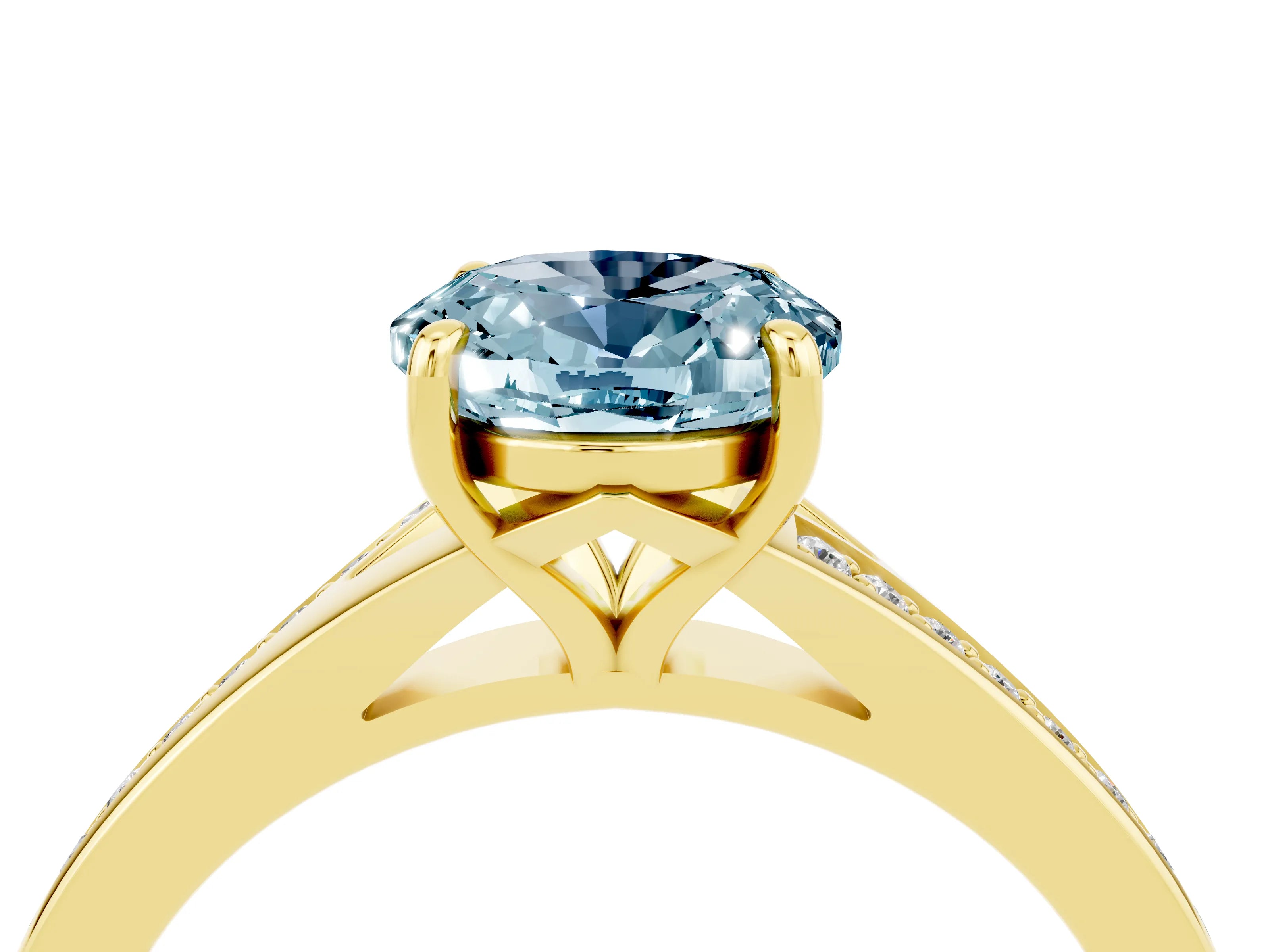 Yellow gold Oval Cut Aquamarine Solitaire Ring with Pavé Band and Prong Setting_16