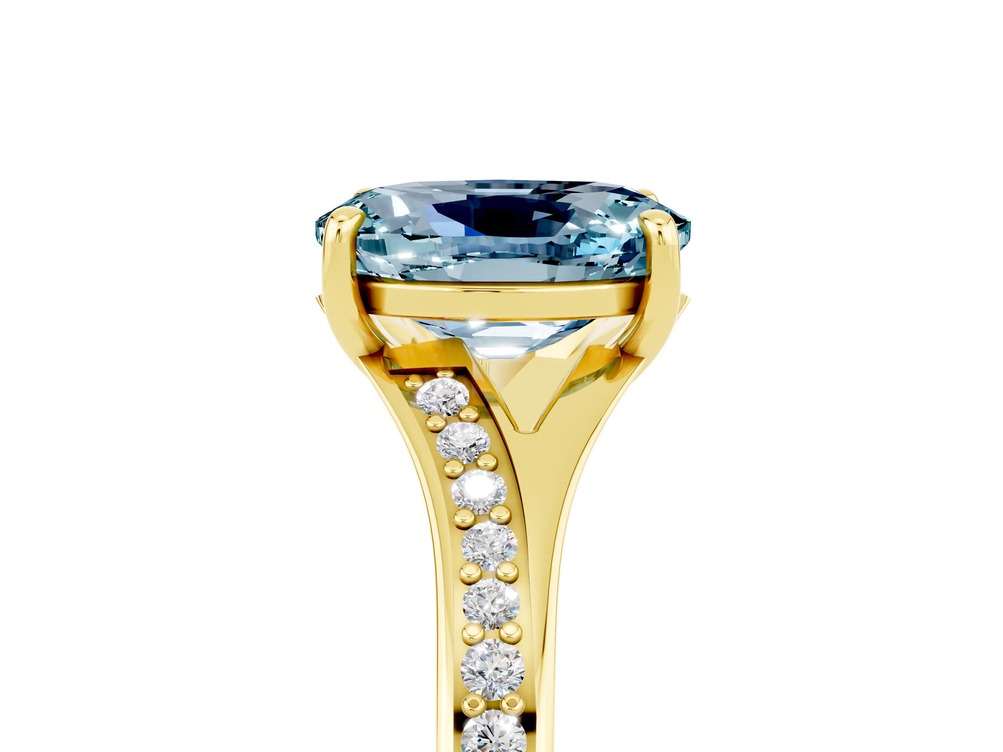 Yellow gold Oval Cut Aquamarine Solitaire Ring with Pavé Band and Prong Setting_17