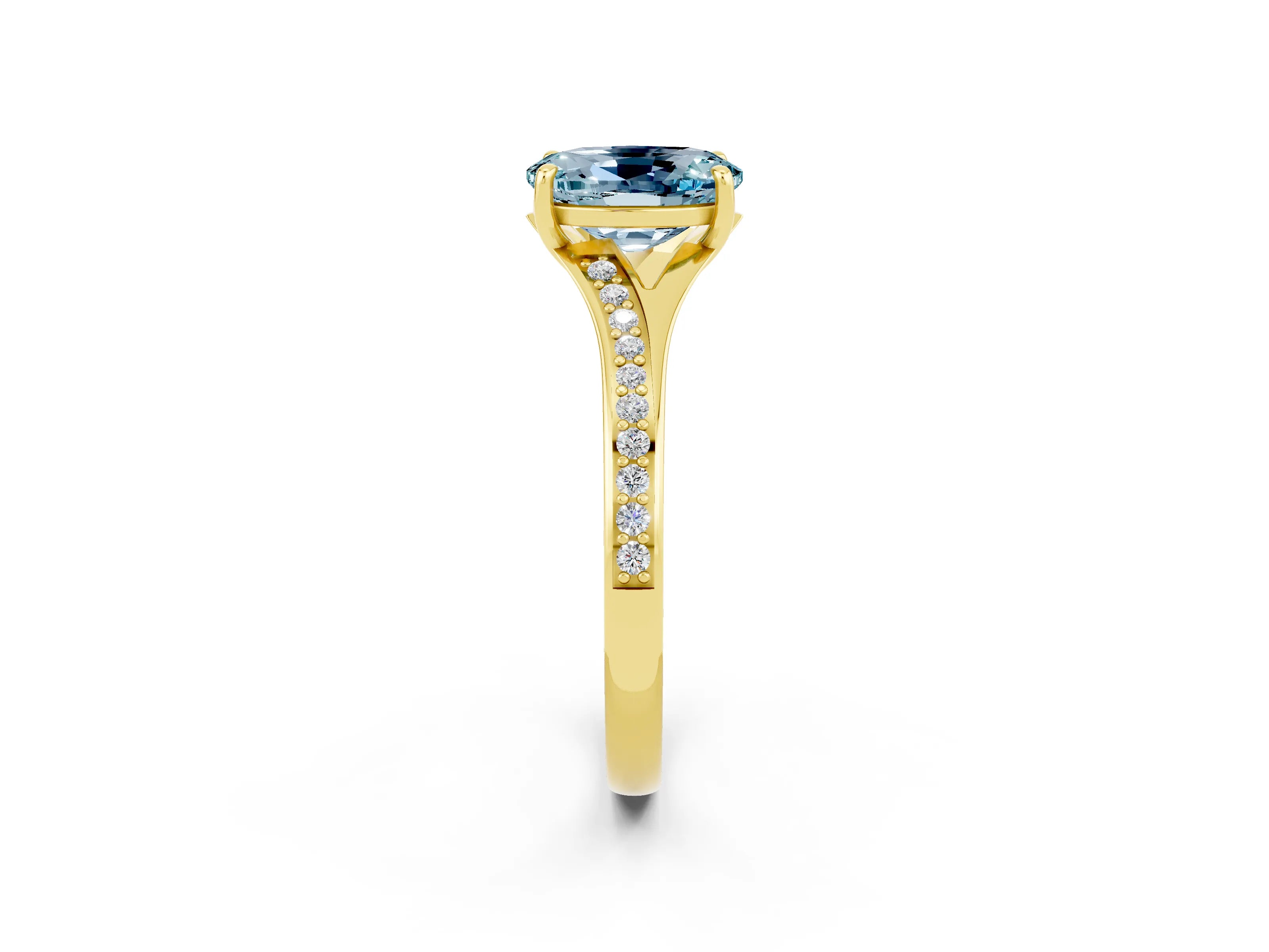Yellow gold Oval Cut Aquamarine Solitaire Ring with Pavé Band and Prong Setting_2