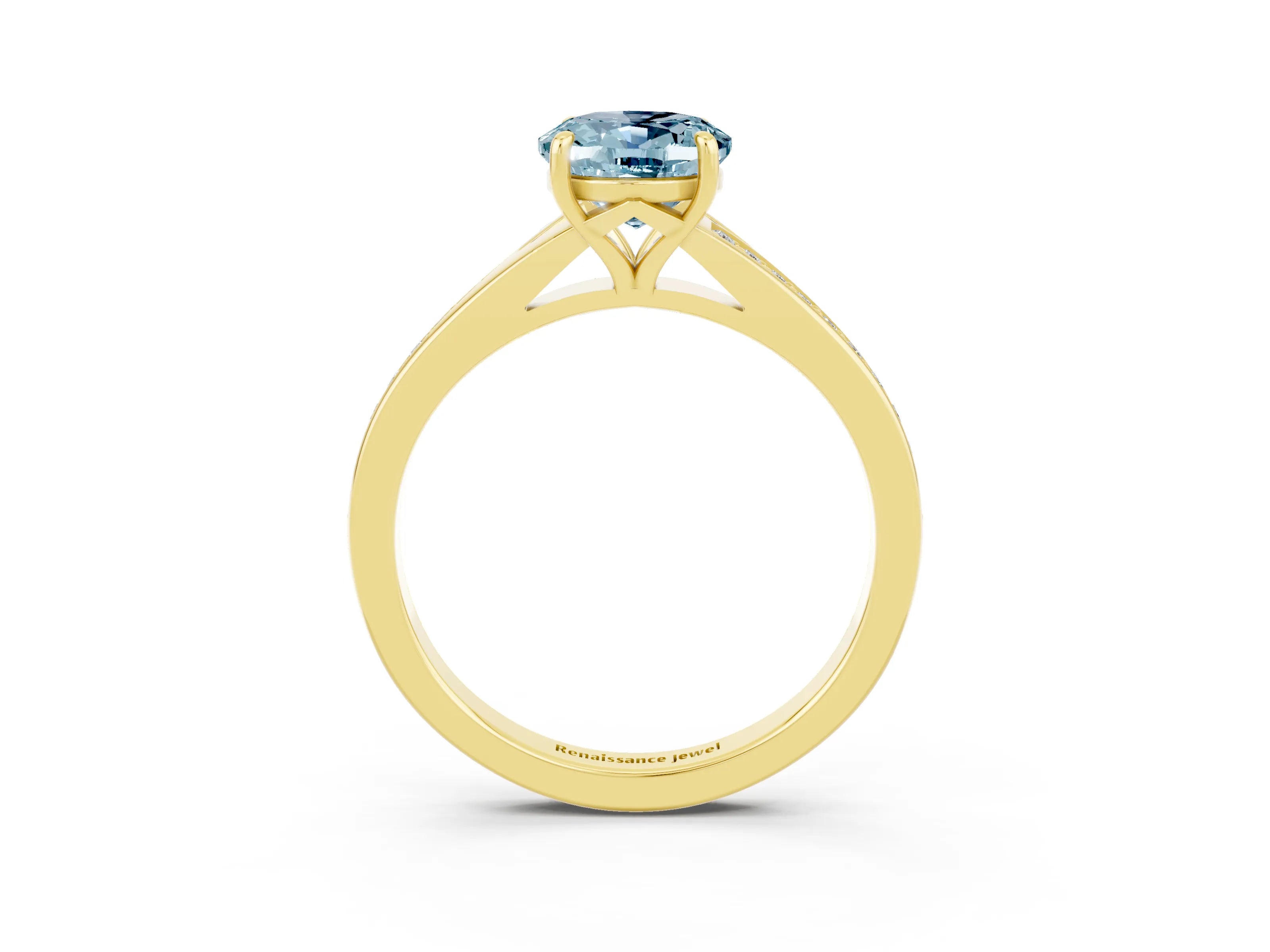 Yellow gold Oval Cut Aquamarine Solitaire Ring with Pavé Band and Prong Setting_3