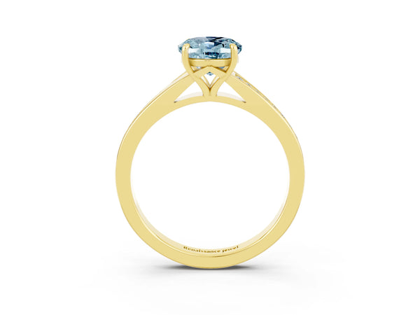 Yellow gold Oval Cut Aquamarine Solitaire Ring with Pavé Band and Prong Setting