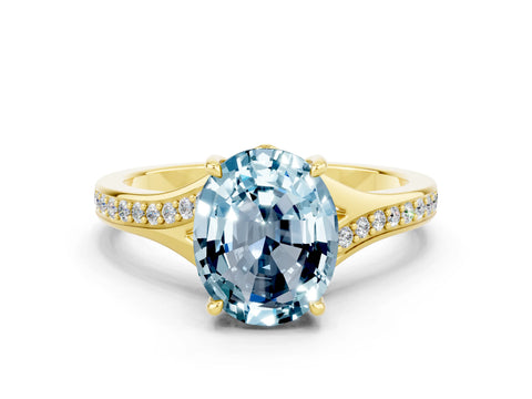 Yellow gold Oval Cut Aquamarine Solitaire Ring with Pavé Band and Prong Setting