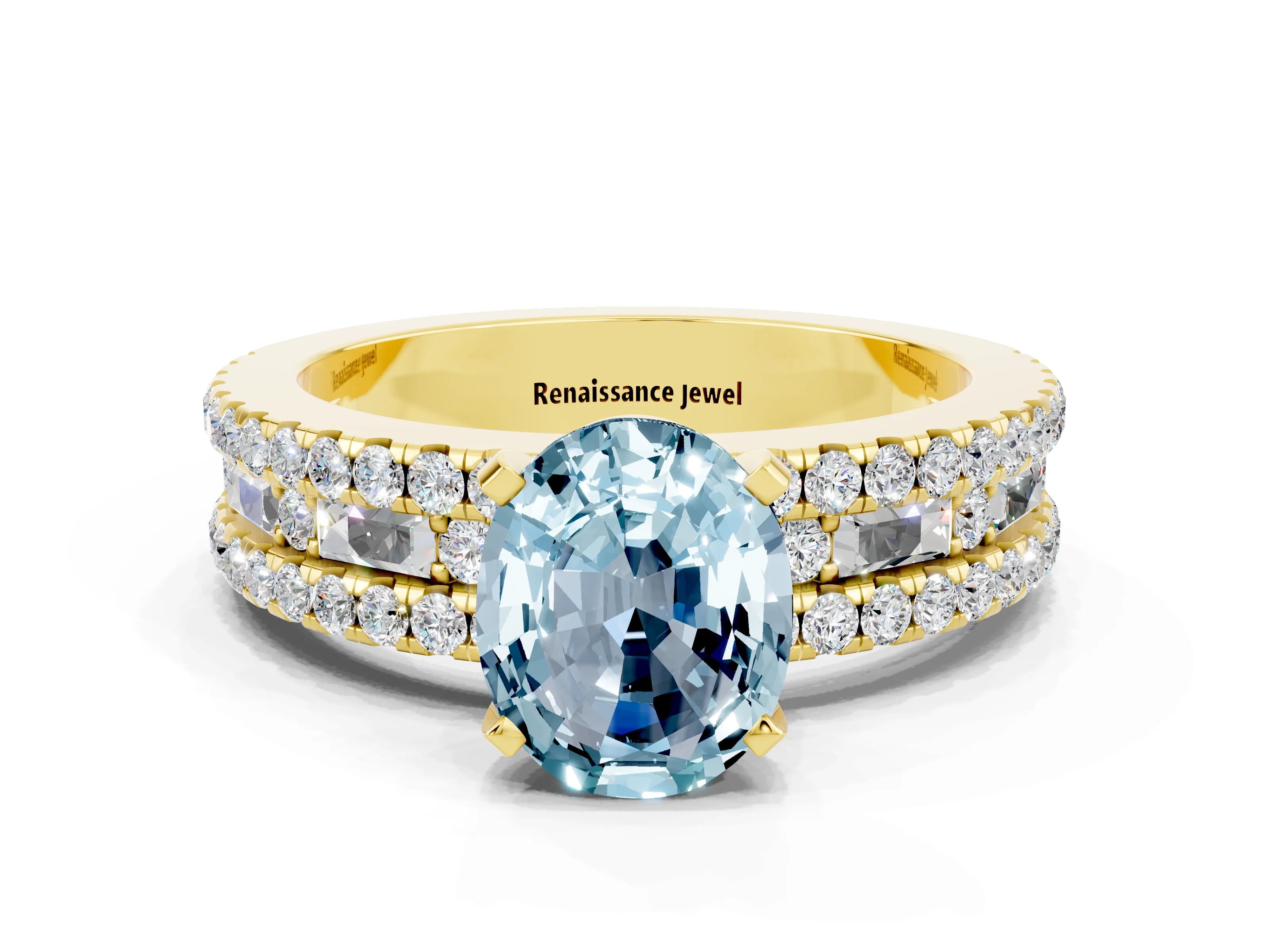 Yellow gold Oval Cut Aquamarine Solitaire Ring with Pavé and Channel Set Band