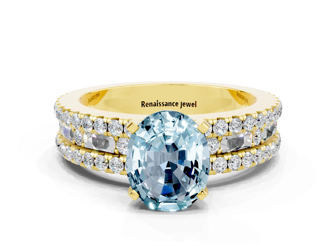 Yellow gold Oval Cut Aquamarine Solitaire Ring with Pavé and Channel Set Band