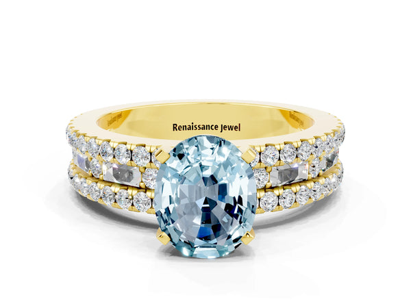 Yellow gold Oval Cut Aquamarine Solitaire Ring with Pavé and Channel Set Band