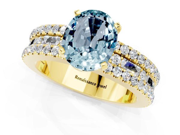 Yellow gold Oval Cut Aquamarine Solitaire Ring with Pavé and Channel Set Band