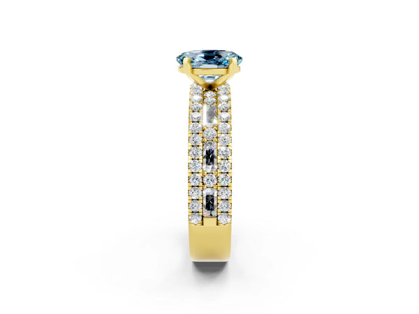 Yellow gold Oval Cut Aquamarine Solitaire Ring with Pavé and Channel Set Band