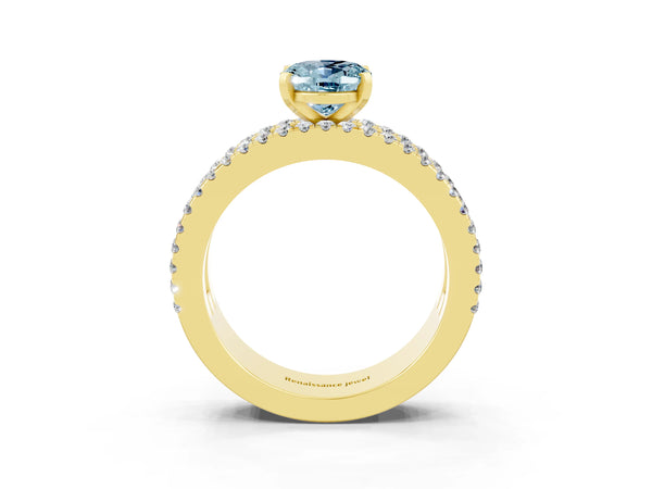Yellow gold Oval Cut Aquamarine Solitaire Ring with Pavé and Channel Set Band