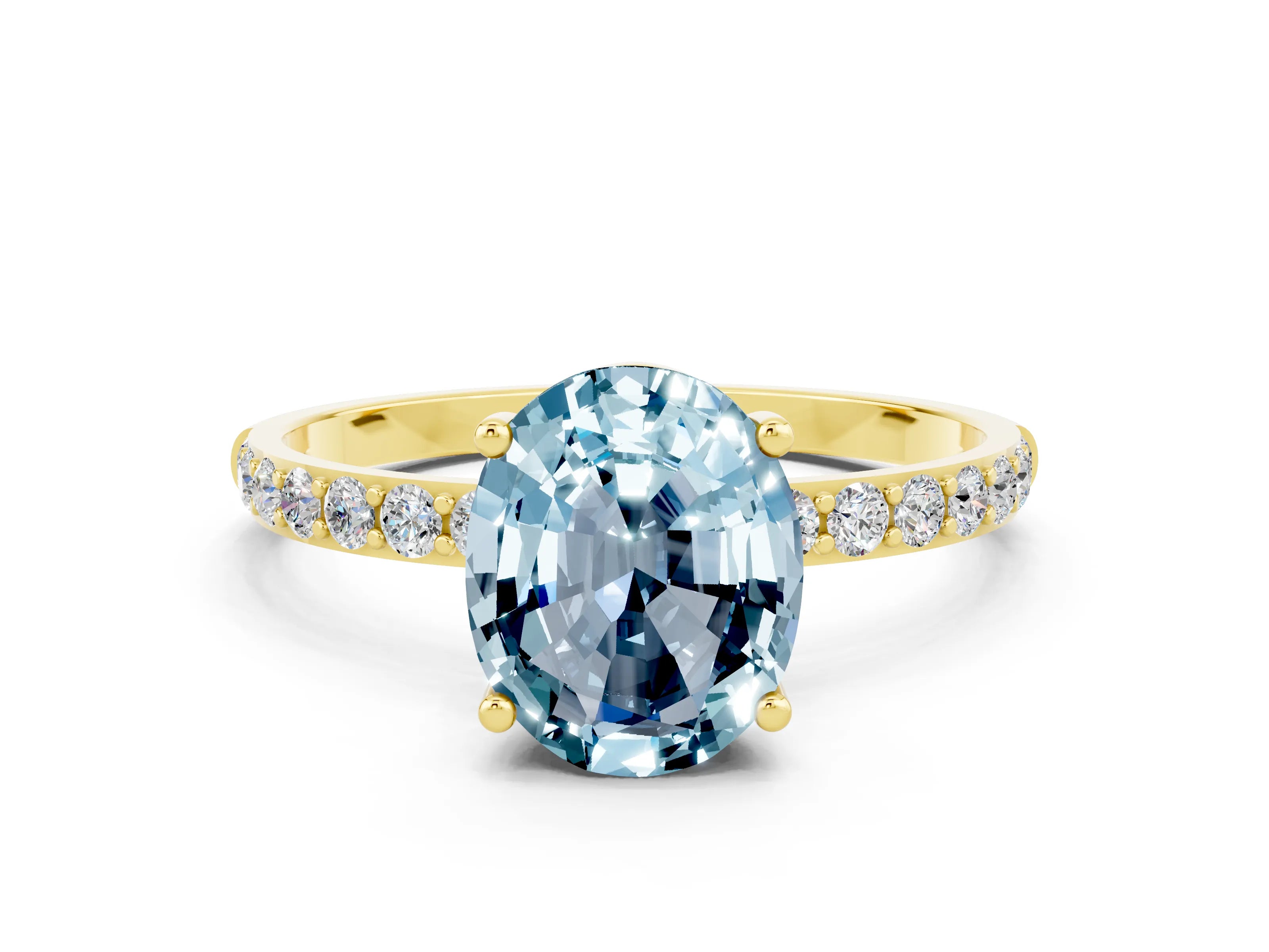 Yellow gold Oval Cut Aquamarine Solitaire Ring with Pave Band and Four Prong Setting_12