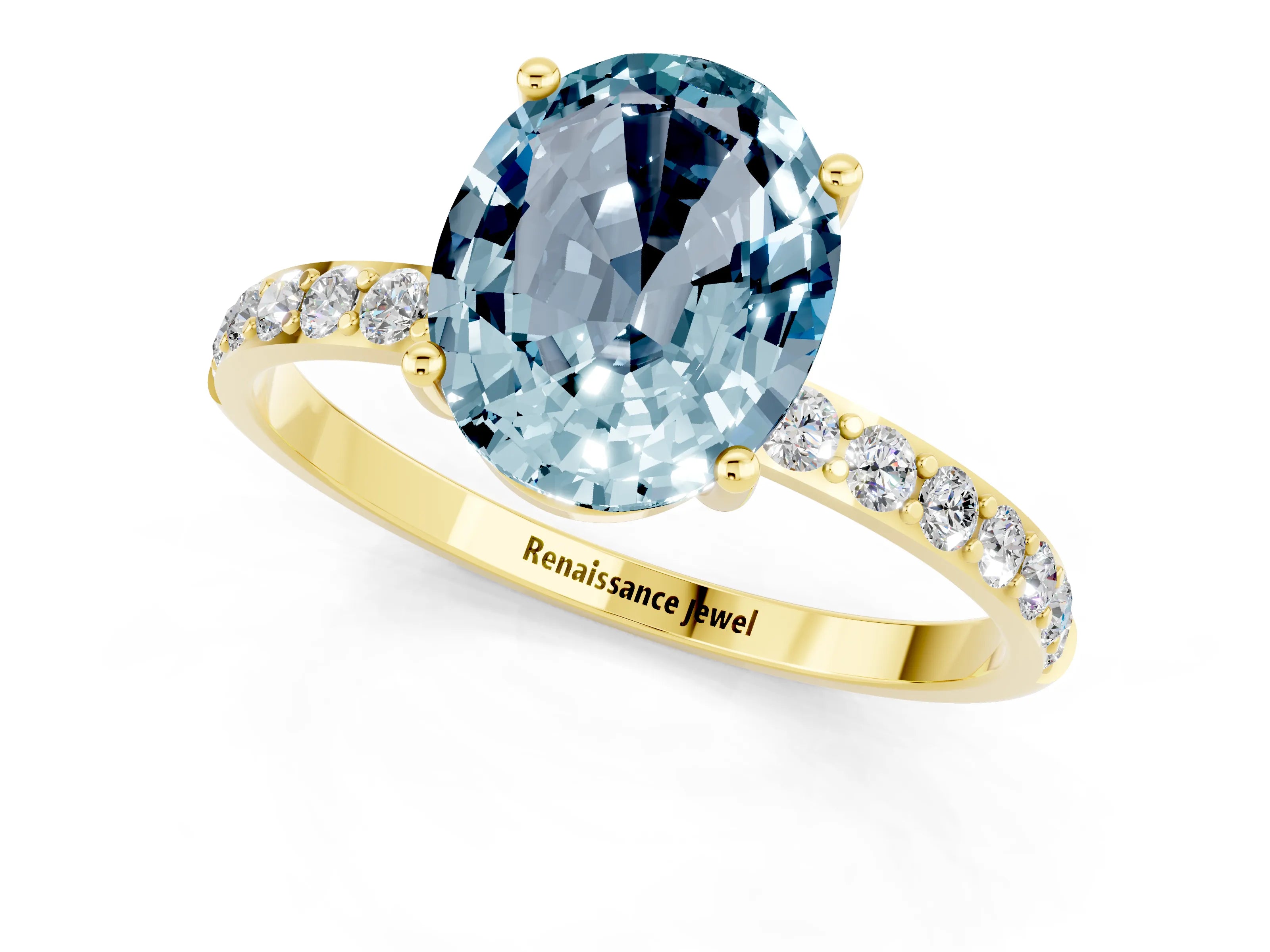 Yellow gold Oval Cut Aquamarine Solitaire Ring with Pave Band and Four Prong Setting_13