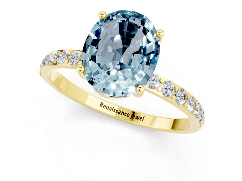 Yellow gold Oval Cut Aquamarine Solitaire Ring with Pave Band and Four Prong Setting_13