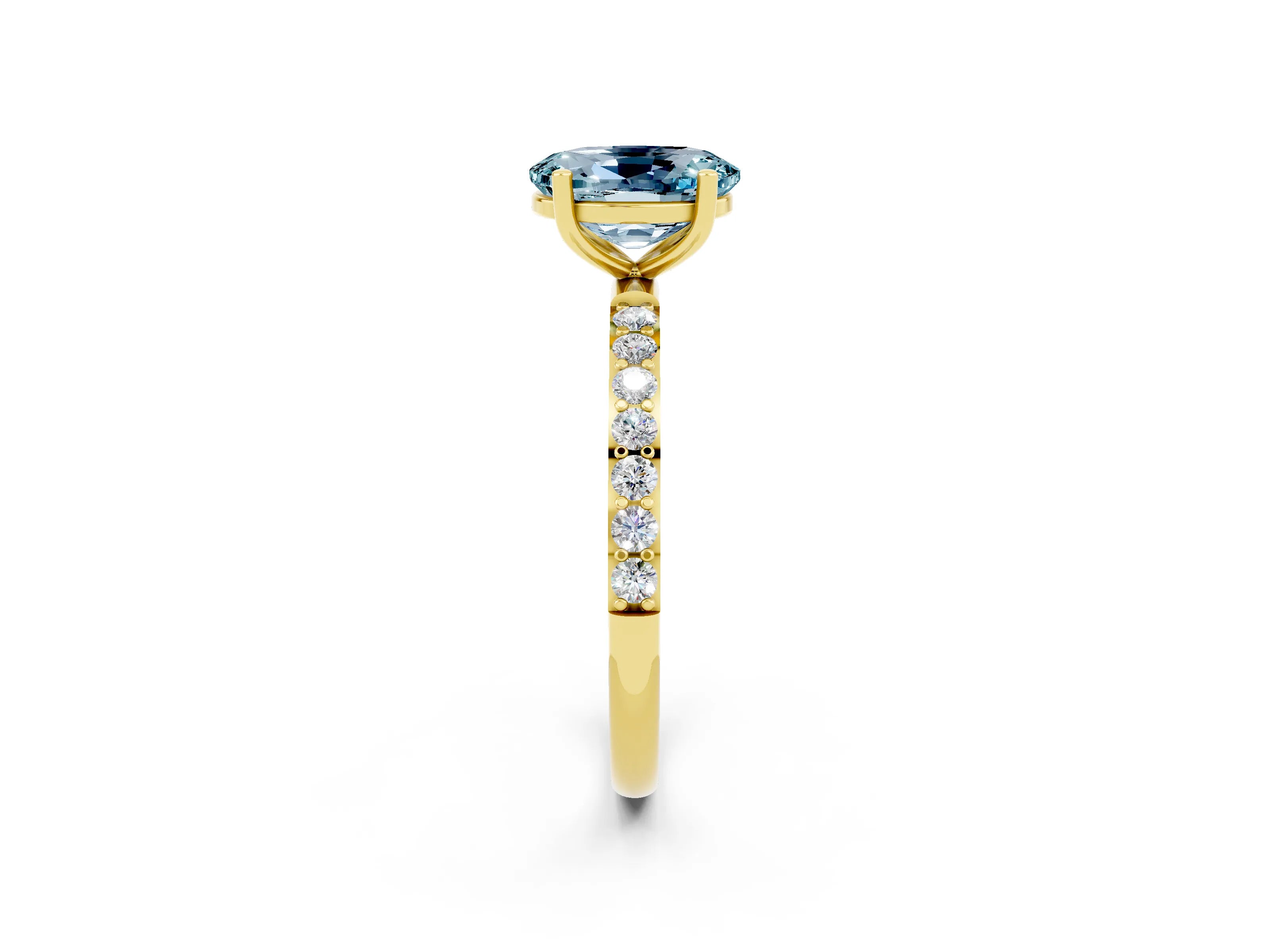 Yellow gold Oval Cut Aquamarine Solitaire Ring with Pave Band and Four Prong Setting_14